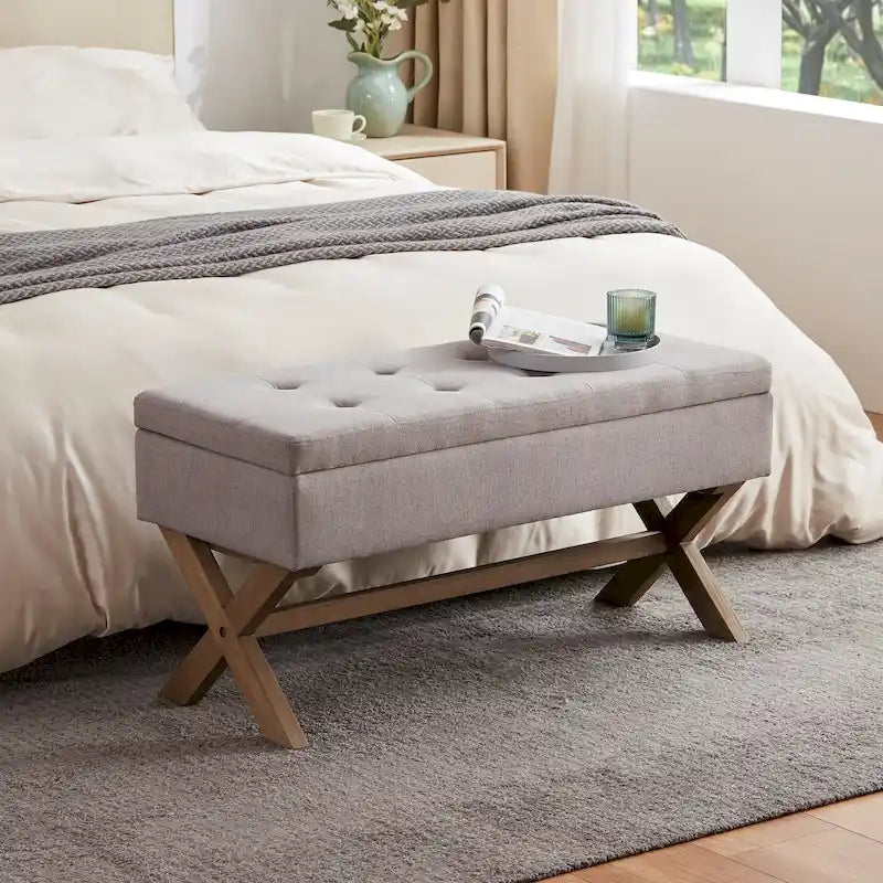 Banc d'entrée en tissu beige/gris avec rangement rembourré et pieds en forme de X, 91 cm (36 pouces).