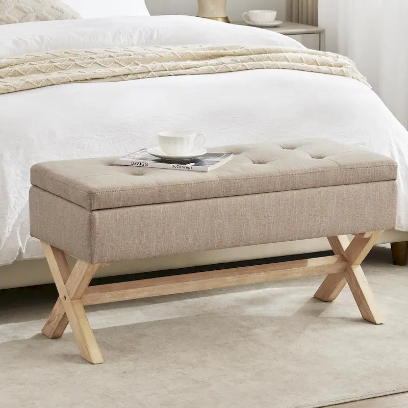 Banc d'entrée en tissu beige/gris avec rangement rembourré et pieds en forme de X, 91 cm (36 pouces).