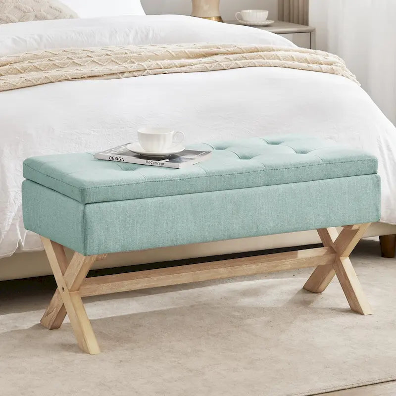 Banc d'entrée en tissu beige/gris avec rangement rembourré et pieds en forme de X, 91 cm (36 pouces).