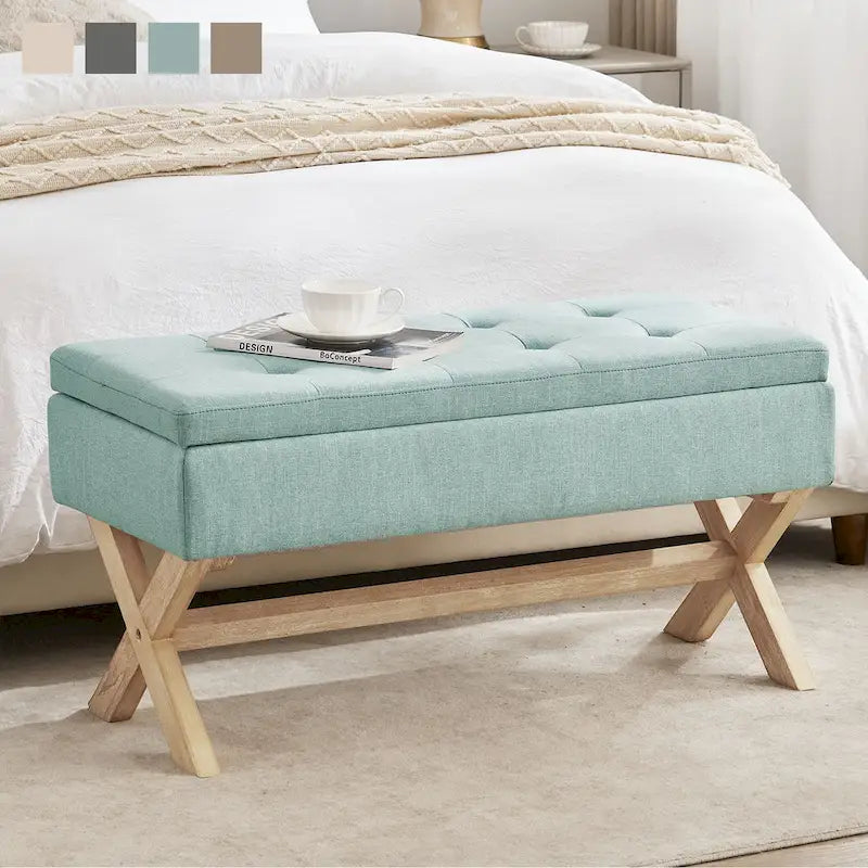 Banc d'entrée en tissu beige/gris avec rangement rembourré et pieds en forme de X, 91 cm (36 pouces).
