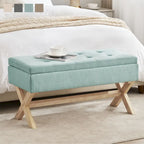 Banc d'entrée en tissu beige/gris avec rangement rembourré et pieds en forme de X, 91 cm (36 pouces).