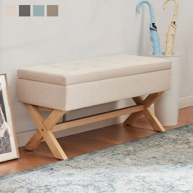 Banc d'entrée en tissu beige/gris avec rangement rembourré et pieds en forme de X, 91 cm (36 pouces).