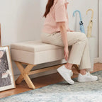 Banc d'entrée en tissu beige/gris avec rangement rembourré et pieds en forme de X, 91 cm (36 pouces).
