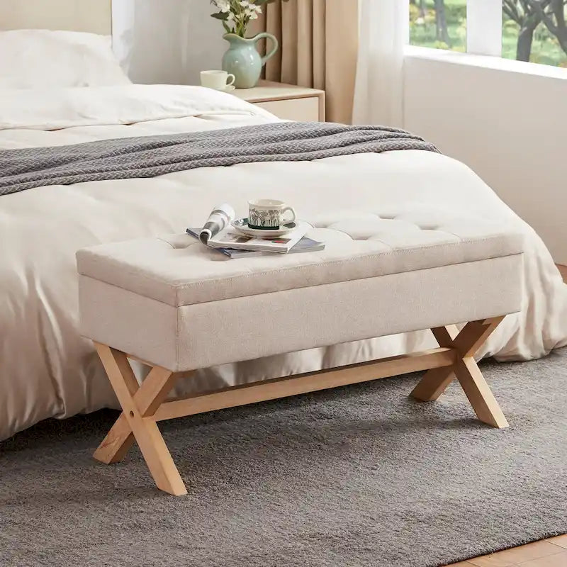 Banc d'entrée en tissu beige/gris avec rangement rembourré et pieds en forme de X, 91 cm (36 pouces).