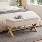 Banc d'entrée en tissu beige/gris avec rangement rembourré et pieds en forme de X, 91 cm (36 pouces).