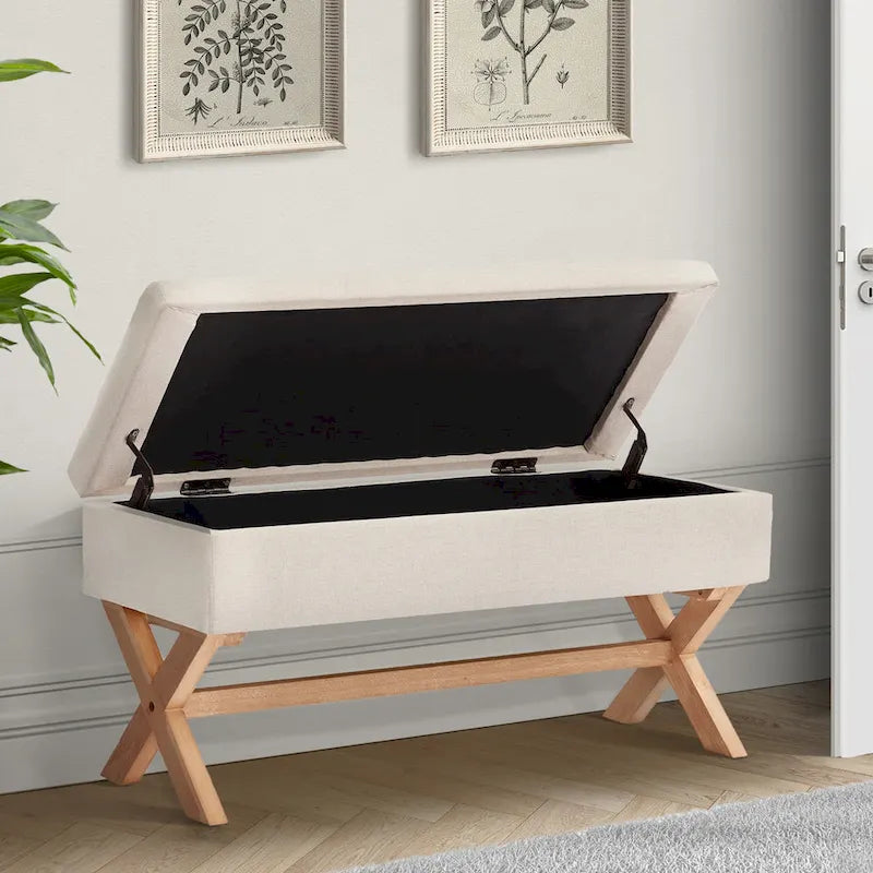 Banc d'entrée en tissu beige/gris avec rangement rembourré et pieds en forme de X, 91 cm (36 pouces).