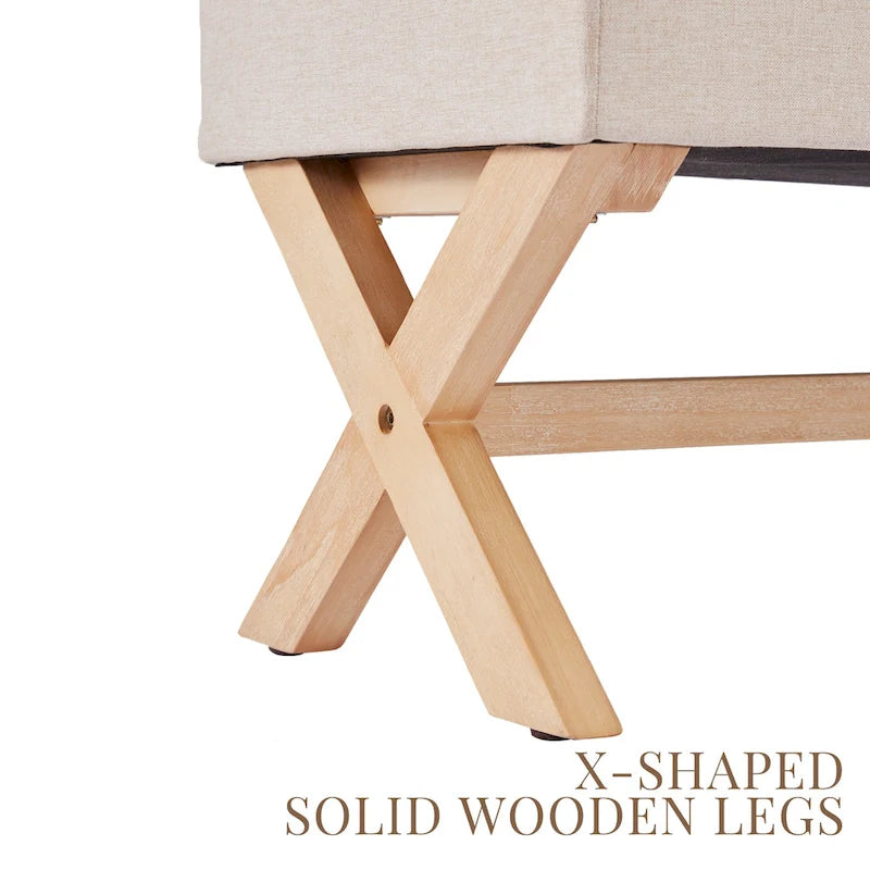 Banc d'entrée en tissu beige/gris avec rangement rembourré et pieds en forme de X, 91 cm (36 pouces).