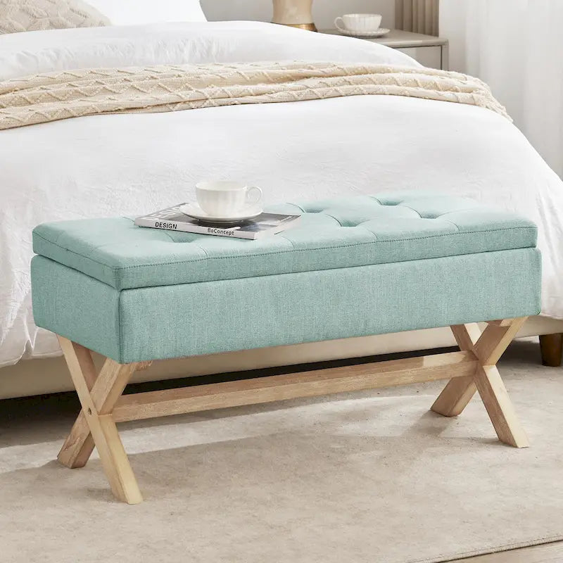 Banc d'entrée en tissu beige/gris avec rangement rembourré et pieds en forme de X, 91 cm (36 pouces).