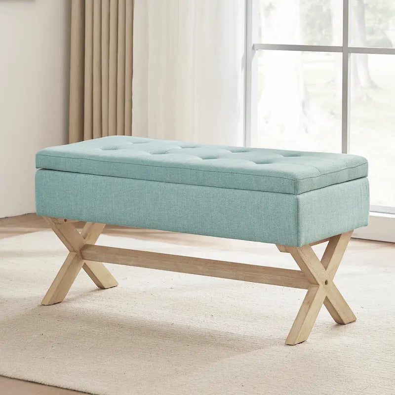 Banc d'entrée en tissu beige/gris avec rangement rembourré et pieds en forme de X, 91 cm (36 pouces).