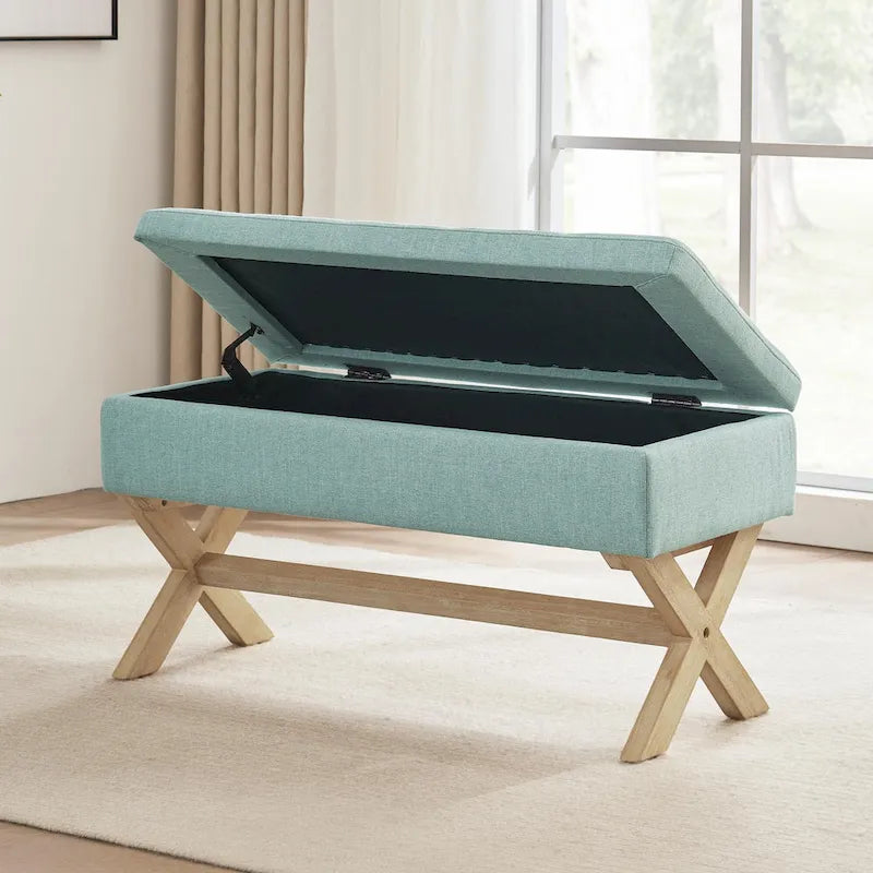 Banc d'entrée en tissu beige/gris avec rangement rembourré et pieds en forme de X, 91 cm (36 pouces).