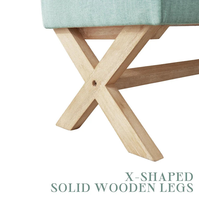 Banc d'entrée en tissu beige/gris avec rangement rembourré et pieds en forme de X, 91 cm (36 pouces).