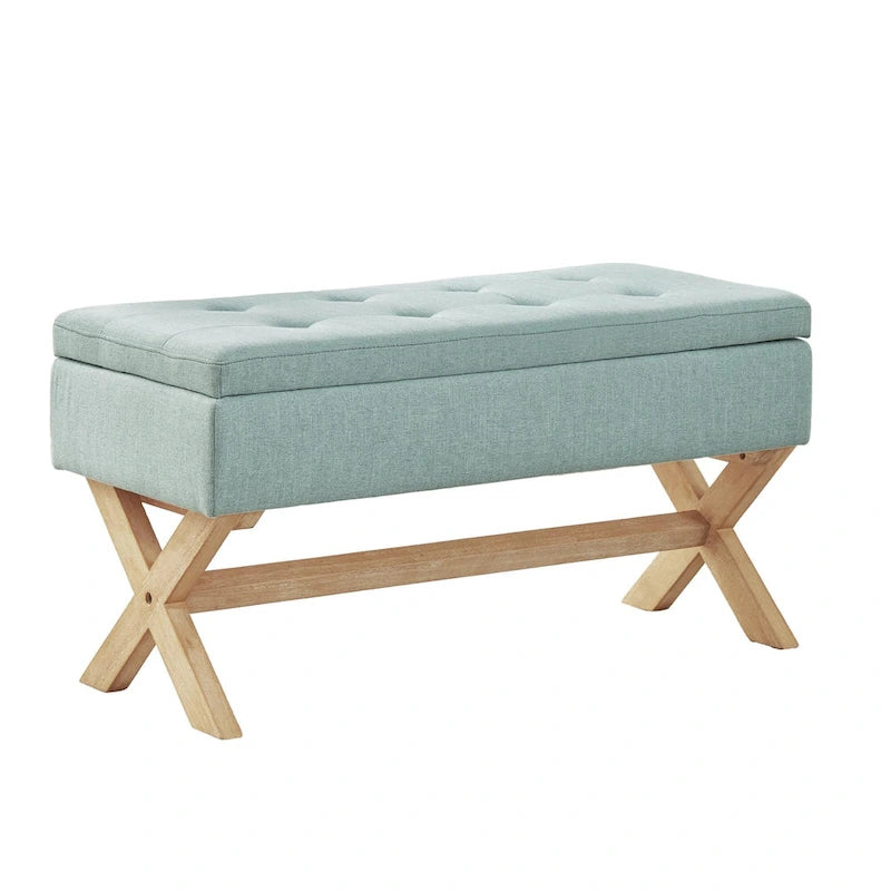 Banc d'entrée en tissu beige/gris avec rangement rembourré et pieds en forme de X, 91 cm (36 pouces).