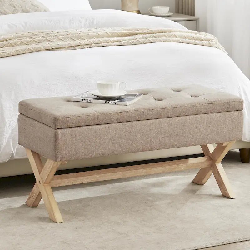 Banc d'entrée en tissu beige/gris avec rangement rembourré et pieds en forme de X, 91 cm (36 pouces).