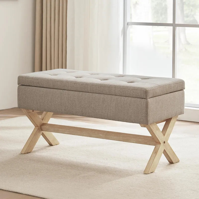 Banc d'entrée en tissu beige/gris avec rangement rembourré et pieds en forme de X, 91 cm (36 pouces).