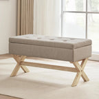 Banc d'entrée en tissu beige/gris avec rangement rembourré et pieds en forme de X, 91 cm (36 pouces).
