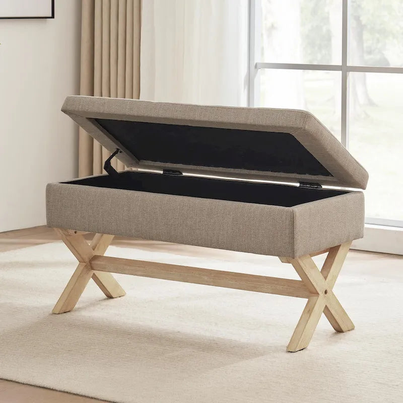 Banc d'entrée en tissu beige/gris avec rangement rembourré et pieds en forme de X, 91 cm (36 pouces).