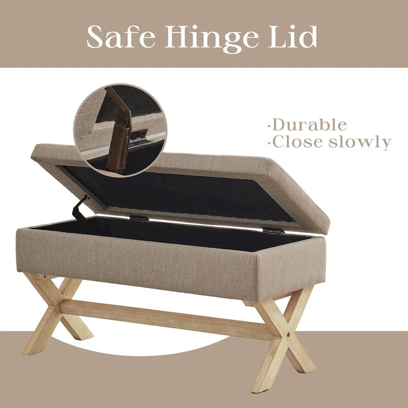 Banc d'entrée en tissu beige/gris avec rangement rembourré et pieds en forme de X, 91 cm (36 pouces).