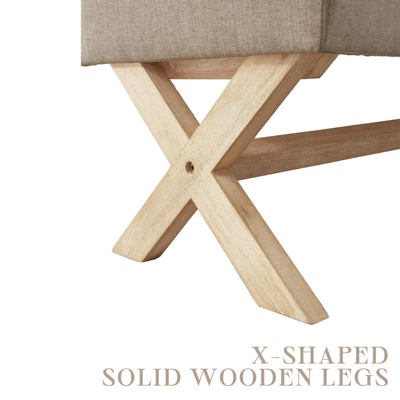 Banc d'entrée en tissu beige/gris avec rangement rembourré et pieds en forme de X, 91 cm (36 pouces).