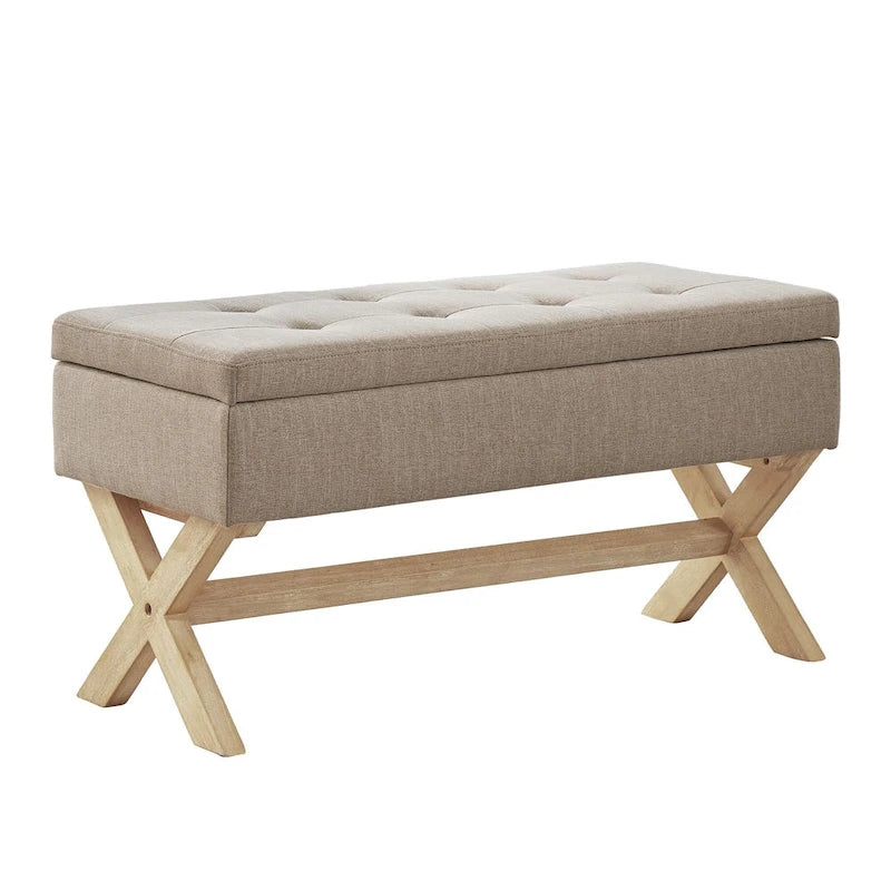 Banc d'entrée en tissu beige/gris avec rangement rembourré et pieds en forme de X, 91 cm (36 pouces).