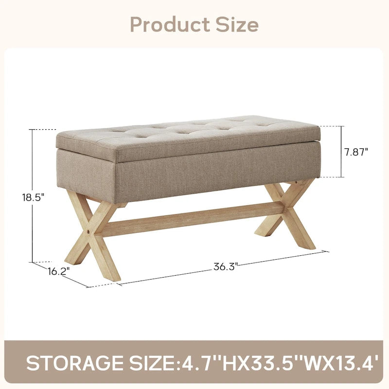 Banc d'entrée en tissu beige/gris avec rangement rembourré et pieds en forme de X, 91 cm (36 pouces).