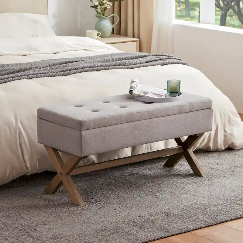 Banc d'entrée en tissu beige/gris avec rangement rembourré et pieds en forme de X, 91 cm (36 pouces).
