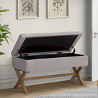 Banc d'entrée en tissu beige/gris avec rangement rembourré et pieds en forme de X, 91 cm (36 pouces).