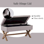 Banc d'entrée en tissu beige/gris avec rangement rembourré et pieds en forme de X, 91 cm (36 pouces).