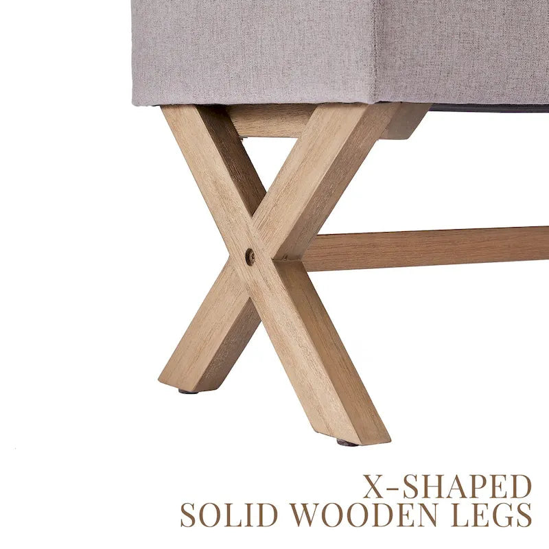 Banc d'entrée en tissu beige/gris avec rangement rembourré et pieds en forme de X, 91 cm (36 pouces).