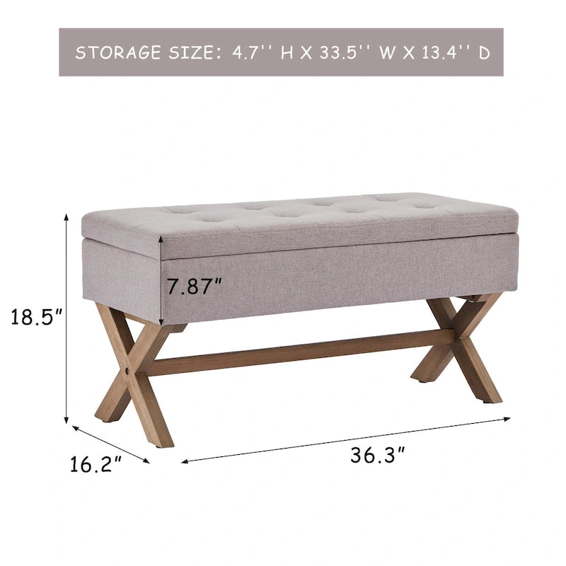Banc d'entrée en tissu beige/gris avec rangement rembourré et pieds en forme de X, 91 cm (36 pouces).