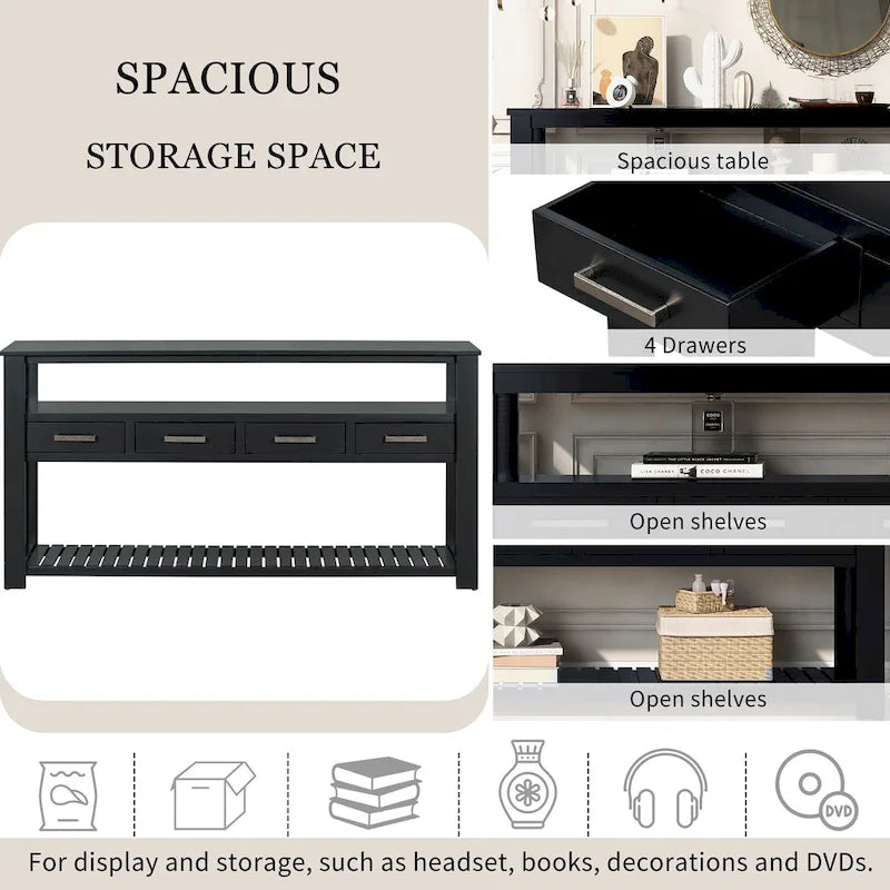 Console moderne pour salon avec 4 tiroirs et 2 étagères