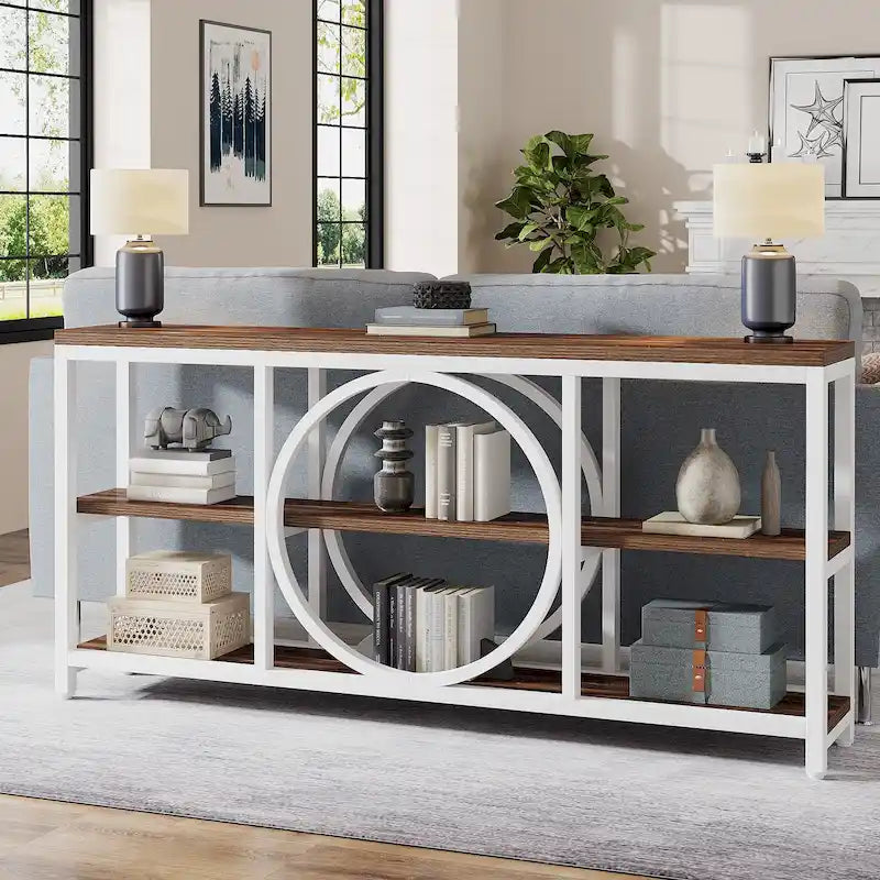 Table console extra longue de 70,9 pouces, table d'appoint étroite avec étagères de rangement en bois à 3 niveaux