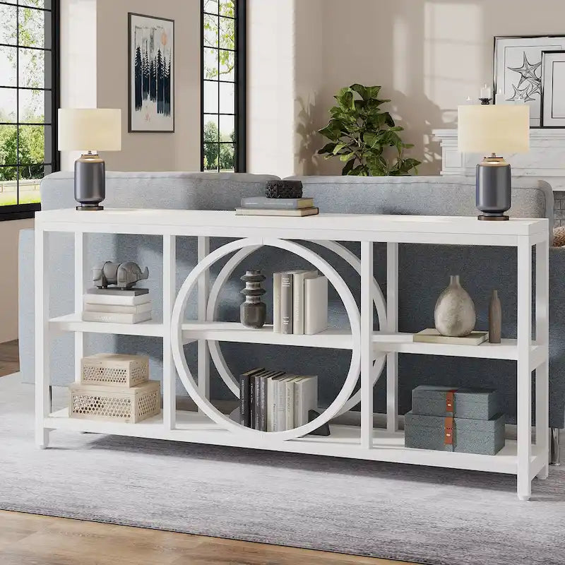 Table console extra longue de 70,9 pouces, table d'appoint étroite avec étagères de rangement en bois à 3 niveaux