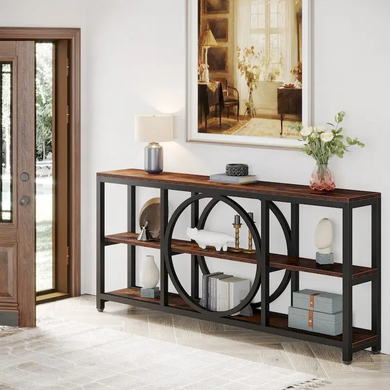 Table console extra longue de 70,9 pouces, table d'appoint étroite avec étagères de rangement en bois à 3 niveaux