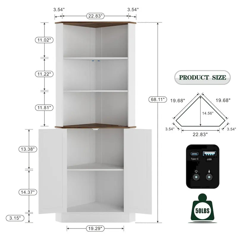 Armoire d'angle de 66 pouces de haut avec éclairage LED