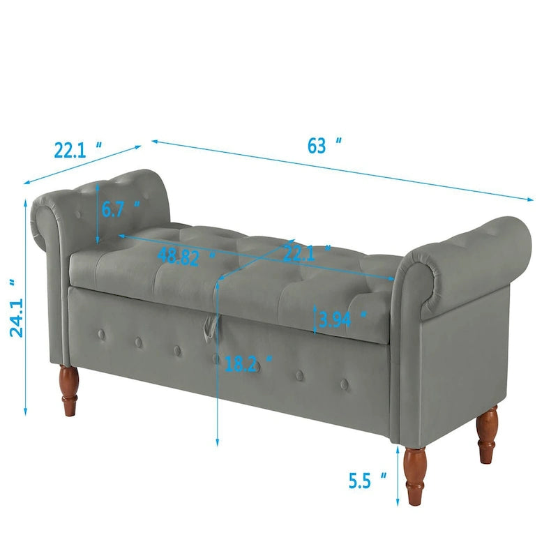 Banc de rangement capitonné 63, grand pouf de rangement capitonné pour chambre à coucher, à placer au pied du lit, banc à accoudoirs arrondis