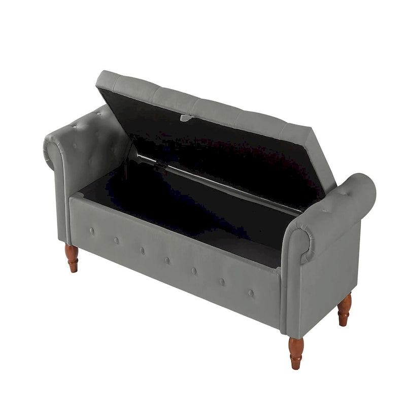 Banc de rangement capitonné 63, grand pouf de rangement capitonné pour chambre à coucher, à placer au pied du lit, banc à accoudoirs arrondis