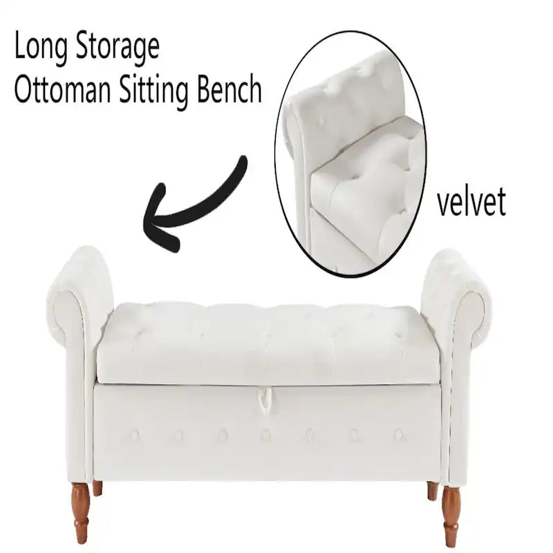 Banc de rangement capitonné 63, grand pouf de rangement capitonné pour chambre à coucher, à placer au pied du lit, banc à accoudoirs arrondis