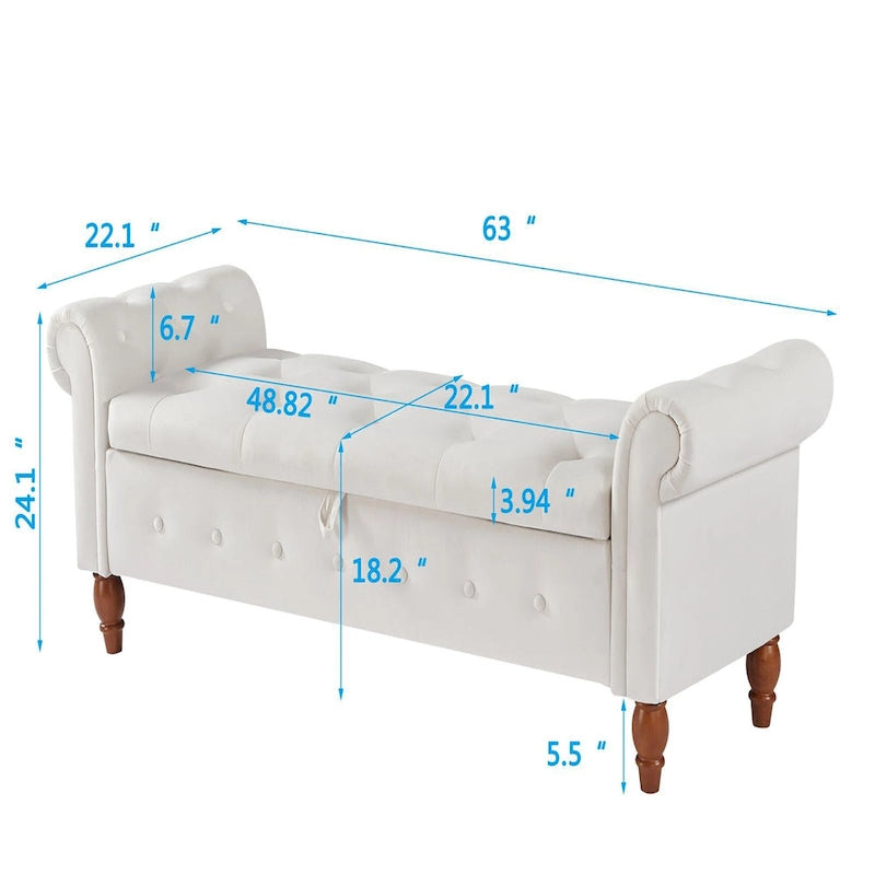 Banc de rangement capitonné 63, grand pouf de rangement capitonné pour chambre à coucher, à placer au pied du lit, banc à accoudoirs arrondis
