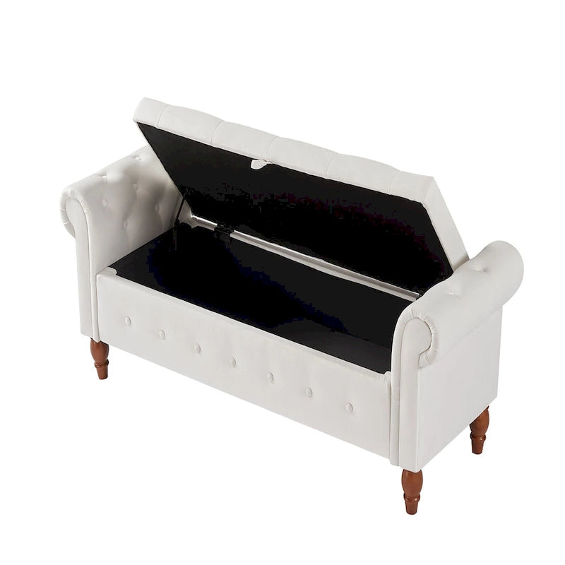 Banc de rangement capitonné 63, grand pouf de rangement capitonné pour chambre à coucher, à placer au pied du lit, banc à accoudoirs arrondis