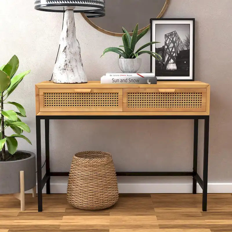 COZAYH 44 Woven Front Modern Farmhouse Console Table Sofa
