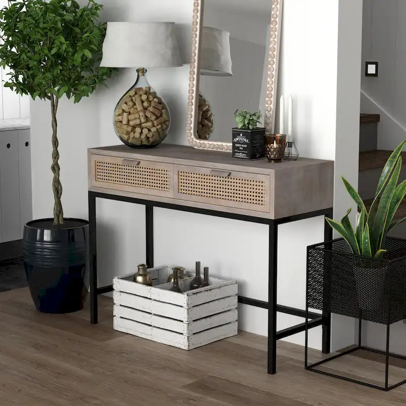 Table console moderne de style ferme COZAYH 44 avec façade tissée et canapé