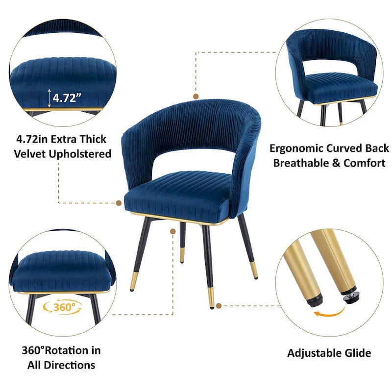 Chaise de salle à manger pivotante en velours avec pieds en métal, lot de 2