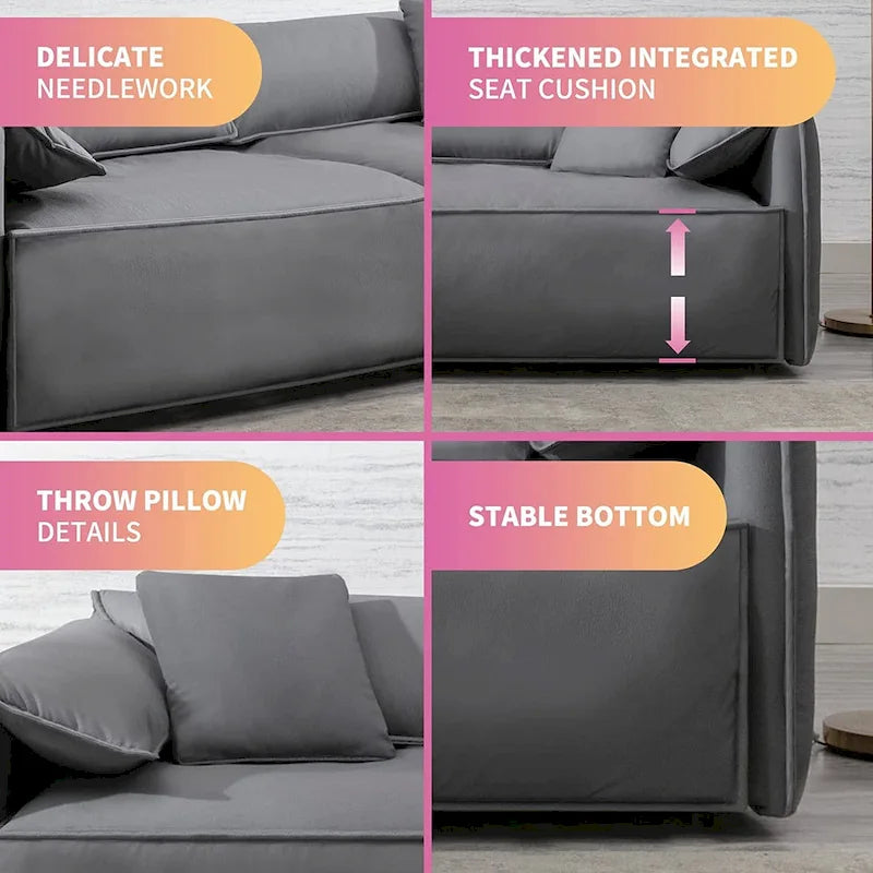 Canapé Mixoy 4 places à assise profonde et rembourrée, style italien minimaliste, 97 cm, avec accoudoirs en forme d'oreilles d'éléphant et coussin décoratif.