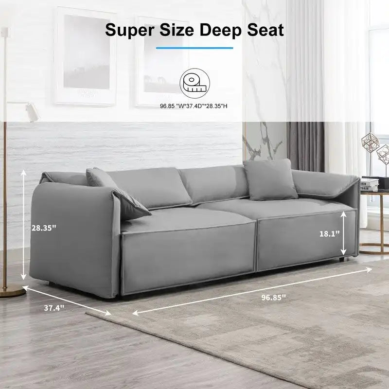 Canapé Mixoy 4 places à assise profonde et rembourrée, style italien minimaliste, 97 cm, avec accoudoirs en forme d'oreilles d'éléphant et coussin décoratif.