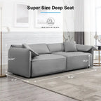 Canapé Mixoy 4 places à assise profonde et rembourrée, style italien minimaliste, 97 cm, avec accoudoirs en forme d'oreilles d'éléphant et coussin décoratif.