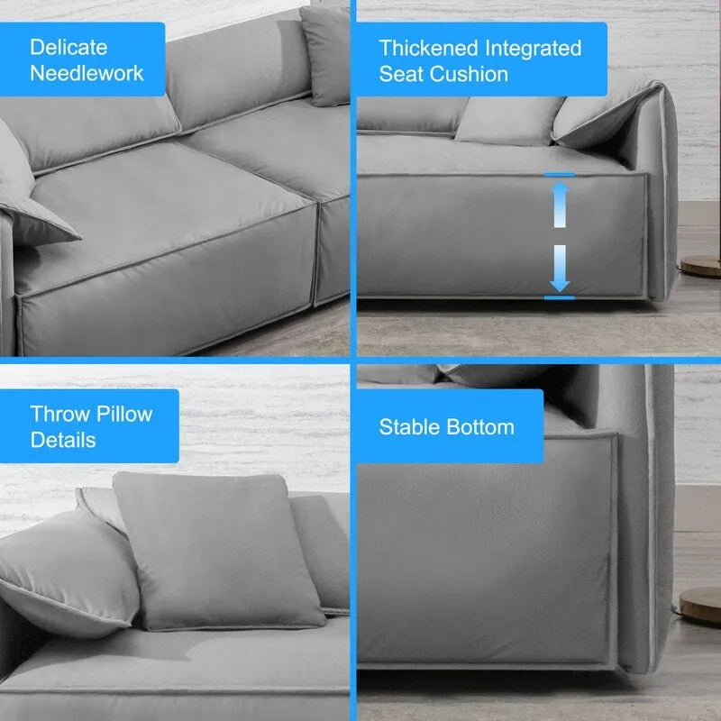 Canapé Mixoy 4 places à assise profonde et rembourrée, style italien minimaliste, 97 cm, avec accoudoirs en forme d'oreilles d'éléphant et coussin décoratif.