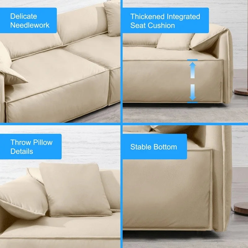 Canapé Mixoy 4 places à assise profonde et rembourrée, style italien minimaliste, 97 cm, avec accoudoirs en forme d'oreilles d'éléphant et coussin décoratif.