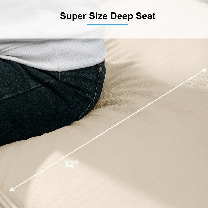 Canapé Mixoy 4 places à assise profonde et rembourrée, style italien minimaliste, 97 cm, avec accoudoirs en forme d'oreilles d'éléphant et coussin décoratif.