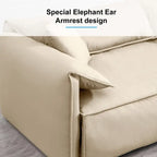 Canapé Mixoy 4 places à assise profonde et rembourrée, style italien minimaliste, 97 cm, avec accoudoirs en forme d'oreilles d'éléphant et coussin décoratif.