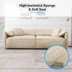 Canapé Mixoy 4 places à assise profonde et rembourrée, style italien minimaliste, 97 cm, avec accoudoirs en forme d'oreilles d'éléphant et coussin décoratif.